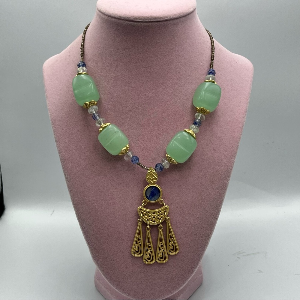 Vintage Glass Bead Necklace with Etruscan-Look Pendant George brand